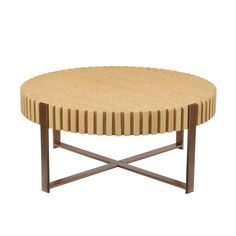 a round wooden table with metal legs