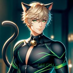 an anime character with green eyes and cat ears on his head, wearing a black catsuit