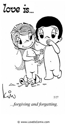 a cartoon drawing of two children hugging each other with the caption love is longing and forgeting