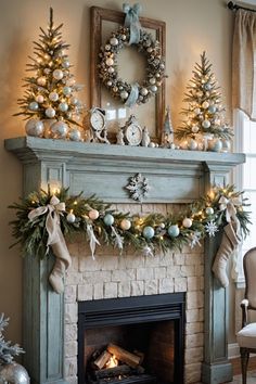 Add magic to your mantel with twinkling fairy lights, gold accents, and greenery for a cozy glow. Follow for inspiration! #TwinklingLights #MantelDecor #HolidayMagic Long Mantle Christmas Decor, Reindeer On Mantle, Christmas Fireplace Mantels Ideas, Brick Fireplace Christmas Decor, Mantels Decorated, Mantel Christmas Decor, Christmas Fireplaces, Christmas Mantles, Mantel Christmas