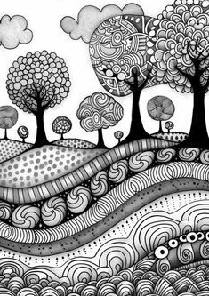 black and white drawing of trees with swirly designs on the tops, in an abstract landscape