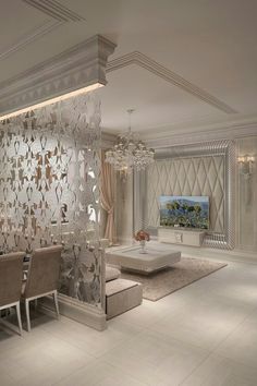 an elegant dining room with white walls and flooring is seen in this rendering image