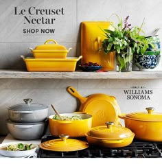 yellow pots and pans are sitting on the shelves in front of a white sign that says williams sonoma le creuset in nectar looks great on the stove