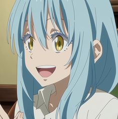 an anime character with blue hair and yellow eyes