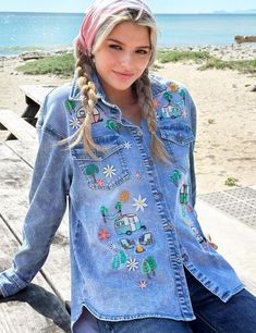 Bring the camping vibes, wherever you go, in the Denim Camper Shirt from Billy T. Our ultra-soft, oversize denim shirt adorned with cuter-than-cute camping embroidery detail. S'mores, anyone? The model is 5'7" wearing size Small Camping Embroidery, Denim Upcycle, Embroidered Denim Shirt, Embroidery Denim, Oversized Denim Shirt, Camping Vibes, Billy T, Denim Corset Top, Sleeveless Denim Dress