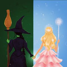 two images one with a woman in a pink dress and the other with a witch's hat