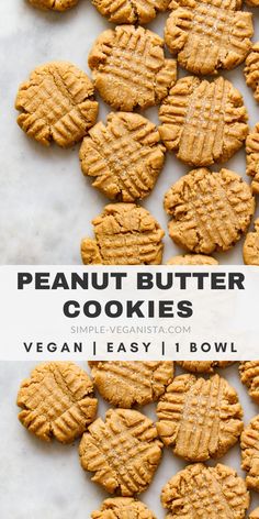 peanut butter cookies on a marble surface with the words vegan easy 1 bowl