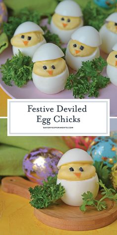 some deviled eggs are sitting on a plate with parsley around them and the words festive deviled egg chicks