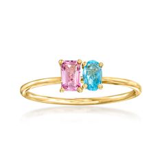 Ross-Simons - .30ct Pink Topaz, .20ct Swiss Blue Topaz Toi et Moi Ring Size 6. RS Pure. Modern designs that complete your outfit and complement your personality. French for "you and me," Toi et Moi rings are a unique way to celebrate a special relationship in your life. Wear our on-trend, two-stone designs as a sentimental symbol of romance, friendship, family - or simply treat yourself to double the sparkle! This dainty statement features a .30 carat emerald-cut pink topaz shimmering beside a .20 carat oval Swiss blue topaz. Crafted in polished 14kt yellow gold. 3/16" wide. Swiss blue and pink topaz two-stone ring. Blue Topaz birthstones are the perfect gift for December birthdays. Swiss Blue Topaz Ring, December Birthstone Ring, Topaz Birthstone, December Birthday, Pink Topaz, Ring Blue, Swiss Blue Topaz, Stone Design, Blue Topaz Ring