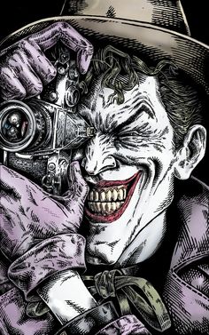 a drawing of the joker holding a camera up to his face with one eye open