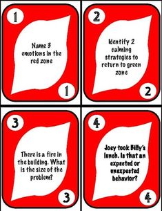 four red and white cards with instructions on how to use the rules for each card