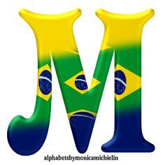 the letter m is painted in colors of the flag of brazil and blue, yellow and green