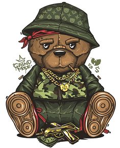 a brown teddy bear wearing a green jacket and hat with chains on it's neck