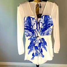 Nwt Flowy Floral Long Sleeve. Sheer Sleeves Waist Ties. Very Beautiful. Wedding/Baby Shower/Night Out. Very Pretty .Cobalt Blue. Tag Is Xs Fits More Like A Small Blue Long Sleeve Jumpsuits And Rompers For Vacation, White Printed Jumpsuits And Rompers For Beach, Blue Long Sleeve Jumpsuit For Vacation, Blue Fitted Jumpsuits And Rompers For Brunch, Blue Long Sleeve Jumpsuits And Rompers For Beach, White Long Sleeve Summer Jumpsuits And Rompers, Printed White Jumpsuits And Rompers For Day Out, Blue Printed Jumpsuit For Spring, White Printed Jumpsuits And Rompers For Vacation