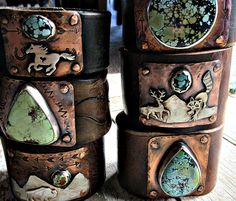 Let me make you a custom cuff! By Weathered Soul Jewelry, prices vary Cuff Bracelets Diy, Patina Jewelry, Silversmithing Jewelry, Artisan Bag, Leather Cuffs Bracelet, Nature Inspired Jewelry, Western Jewelry, Leather Pieces, Leather Wrap Bracelet