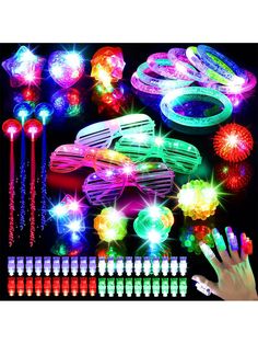 glow in the dark party supplies including bracelets, gloves and rings with flashing lights