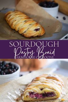 blueberry sourdough pastry is sitting on top of parchment paper next to a bowl of berries