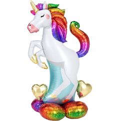 an inflatable unicorn sitting on its hind legs