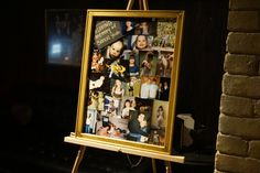 an easel with pictures on it in front of a brick wall