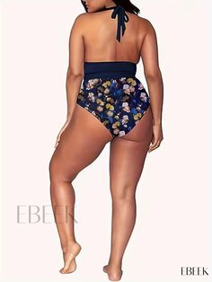 Ebeek - Stylish Plus Size Vacation Bikini Set: Womens Solid V Neck Backless Halter Bra with Graphic Print High Waisted Panty Swimsuit Two Piece Set High-waist Bodysuit For The Beach With Lined Body, High Waist Lined Bodysuit For Beach, High Waist Lined Bodysuit For The Beach, Backless Beachwear Bottoms For Swimming, Backless Beachwear Bottoms For Beach, Fitted Halter Neck Bottoms For Pool, One-piece Beachwear Bottoms For Vacation, Plus Size Vacation, Swimsuit Two Piece