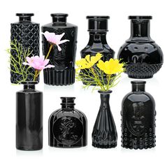 several black vases with flowers in them on a white background, one is empty