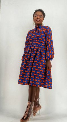 Dora African midi dress African mixed print dress African | Etsy Blue Long Sleeve Ankara Dress, Fitted Blue Dress With Bold Print, Fitted Cotton Dress With Vibrant Print, Fitted Long Sleeve Dress With Bold Print, Fitted Dresses With Bold Multicolor Print, African Midi Dress, Queen Clothes, Spring Summer Capsule Wardrobe, African Party Dresses