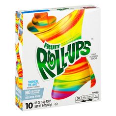 a box of fruit rolls with rainbow colors on the front and bottom, sitting on a white surface