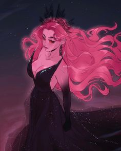 a woman with pink hair is standing in the water at night, wearing a black dress