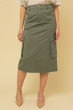 Olive Cargo Midi Skirt Ethical Boutique Apex NC Cargo Midi Skirt, Skirt Cargo, Cargo Outfit, 50s Women, Cargo Skirt, Skirt Fashion, Long Skirt, Midi Length, Midi Skirt