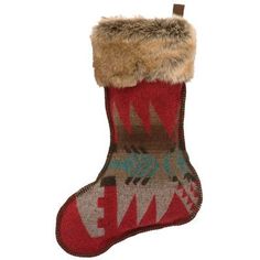 a red stocking with a brown and blue design on the bottom that has a fur lined top