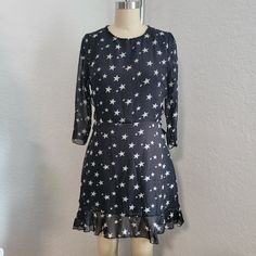 Slightly Sheer With Lining At Body. Has Side Zipper And Back Tie At Neck And Backless Detail. Beautiful Flowy Dress For Festival Or Night Out. Dress Form Size 6 Measurements: Bust 34" Waist 26" Hips 36 Spring Star Print Dress For Date Night, Fitted Star Print Dress For Spring, Black Dress With Star Print For Spring, Chic Party Dress With Star Print, Chic Star Print Dress For Party, Long Sleeve Star Print Dress For Night Out, Fitted Star Print Mini Dress For Spring, Black Star Print Dress For Spring, Fitted Star Print Mini Dress For Night Out