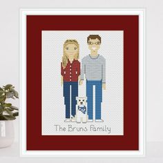 a cross stitch picture with the words, the bruns family on it and a potted plant next to it