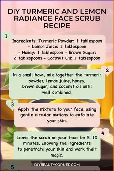 Explore the benefits of creating your own nourishing Turmeric and Lemon face scrub with this easy DIY recipe. Achieve a fresh, radiant complexion with natural ingredients that help to exfoliate and brighten your skin. Pamper yourself with this homemade beauty solution for a revitalizing skincare experience. Follow the steps and treat your skin to a luxurious spa-like treatment right at home! Turmeric And Lemon Face Mask, Turmeric Face Scrub Recipe, Exfoliating Face Scrub Diy, Facial Scrubs Homemade, Lemon Face Scrub, Beauty Hacks With Aloe Vera, Lemon Hand Scrub, Facial Scrub Recipe, Face Therapy