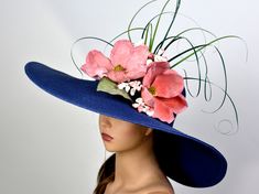 "One size hat.(20\" - 22\") Brim is approx. 5.5\"-6\" Thank you very much for shopping at my shop Have a great day" Blue Fitted Fascinator For Beach, Blue Curved Brim Fascinator For The Beach, Blue Curved Brim Fascinator For Beach, Blue Summer Wedding Costume Hats And Headpieces, Blue Costume Hats And Headpieces For Summer Wedding, Blue Top Hat For Spring Church Events, Blue Top Hat For Church In Spring, Blue Top Hat For Summer Wedding, Brimmed Blue Fascinator For Spring