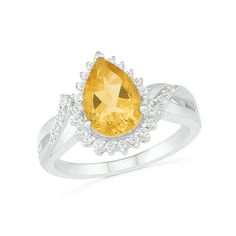 This 10.0 x 7.0mm pear-shaped citrine and petite round lab-created white sapphire starburst-style framed twisted split shank ring is set in sterling silver. Custom-made to fit her ring size. Sterling silver rings cannot be resized after purchase. Yellow Tone, Split Shank Ring, Signet Ring Men, White Lab, Peoples Jewellers, Platinum Jewelry, Yellow Citrine, Citrine Stone, Split Shank