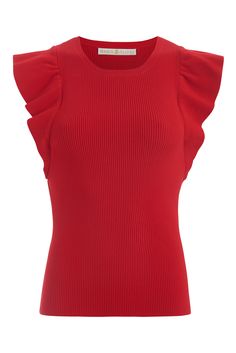 The Rory top, which comes in a bright solid red (and lapis blue) this spring and summer, serves up classic Americana vibes. The ribbed top with ruffled sleeves is designed to be tucked in, and she pairs particularly well with any of our high or mid-rise bottoms. -Ribbed bodice and ruffle sleeve -82% viscose, 18% polyester -Unlined -True to size -Care instructions: dry clean or hand wash with gentle detergent, lay flat to dry Fitted Sleeveless Ruffle Knit Top, Chic Red Fitted Top, Fitted Sleeveless Knit Top With Ruffles, Red Ruffled Stretch Tops, Red Stretch Ruffle Tops, Fitted Red Knit Top For Spring, Chic Red Stretch Knit Top, Chic Red Knit Top For Spring, Chic Red Ribbed Top