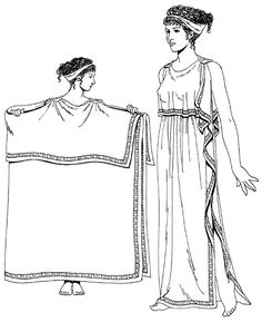 two women in ancient greek dress, one holding a large cloth and the other standing next to her