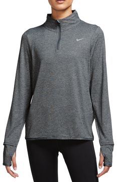 Stay comfortable on breezy days and protected on sunny days in this sweat-wicking quarter-zip pullover crafted with built-in UV protection. Signature Dri-FIT technology helps keep you cool and dry while a pocket at the side provides space for securely storing essentials and thumbholes at the cuffs keep sleeves in place during your morning run. 24" length (size Medium) Quarter-zip closure Long sleeves with thumbhole cuffs Dri-FIT moisture-wicking technology 88% polyester, 12% spandex Machine wash Casual Moisture-wicking Half-zip Top, Casual Half-zip Moisture-wicking Top, Nike Moisture-wicking Sweatshirt For Outdoor Activities, Nike Stretch Tops For Light Sports, Half-zip Sportswear Top For Outdoor, Functional Go-dry Half-zip Tops, Nike Moisture-wicking Outdoor Sweatshirt, Nike Moisture-wicking Tops For Fall, Nike Outdoor Moisture-wicking Sweatshirt