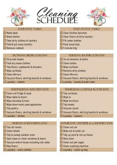 the cleaning schedule is shown in this printable version, with instructions to keep your house clean