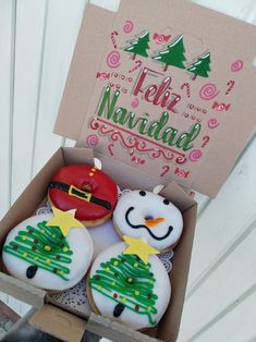 two decorated christmas cookies in a box