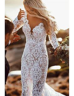 Backless Mermaid Wedding Dresses, Beach Wedding Dresses Backless, Long Sleeve Mermaid Wedding Dress, Column Wedding Dress, Boho Wedding Gowns, Beach Wedding Gown, Beach Bridal Gown, Beach Wedding Dresses, Lace Beach Wedding Dress