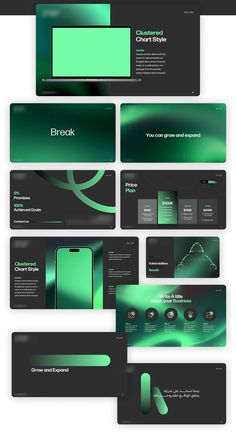 green and black presentation templates with rounded shapes on the front, back and sides