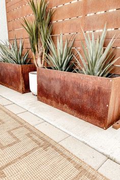 two planters with plants in them sitting on the side of a building next to a wall