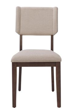 a beige upholstered chair with dark wood legs and a light colored fabric seat