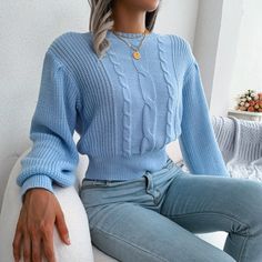 From business meetings to meeting up with girls, Ryder will keep you covered during all. This lovely powder blue sweater blouse looks feminine and elegant. Crafted from a chunky braided knit, it's detailed into an O-neckline, long balloon sleeves and slightly cropped hemline with a ribbed waist. The fit is relaxed with a slip on style. Also available in yellow and beigeStyling Tips:Pair yours with high waisted bottoms to get an elongated silhouette. We suggest styling it with pointy toe pumps fo Fried Dough, Acrylic Fiber, Sleeves Clothing, Women's Sweaters, Sweater Material, Knitting Women Sweater, Lantern Sleeve, Winter Outfits Women, Knitted Pullover Sweaters