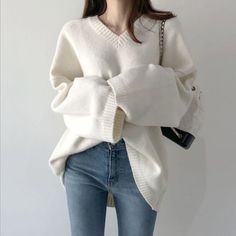 #ad Premium Quality Retro Japanese Women Loose V-neck Pullover Sweater Long Solid Color Knit Sweater, Fashion Women's Sweaters Knitted Acrylic V-neck Sweater For Winter, Oversized V-neck Acrylic Outerwear, Casual Winter White V-neck Sweater, Knitted V-neck Sweater For Winter, Solid Color V-neck Winter Sweater, Winter V-neck Long Sleeve Sweater, Cozy Acrylic V-neck Outerwear, White Knit V-neck Sweater, V-neck Soft Knit Sweater For Winter