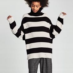 Zara Oversized Distressed Stripped Turtle Neck In Size S Art: 9667/104 Brand With Tags Pink Turtleneck Sweater, Red Turtleneck Sweater, Oversized Striped Sweater, Knit Coat, Turtle Neck Crop Top, Grey Turtleneck Sweater, Oversized Turtleneck Sweater, Red Turtleneck, Ribbed Turtleneck Sweater