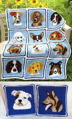 a crocheted afghan with pictures of dogs on it and the words cuddy canines afghan & matching pillows