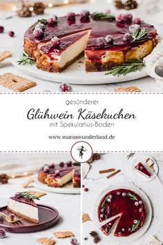 a cheesecake with cranberry sauce is on a plate and surrounded by crackers