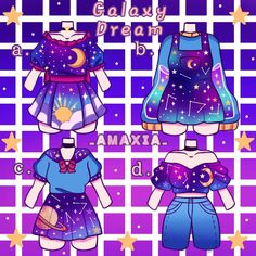 three different dresses with stars on them and the words galaxy dream written in white letters